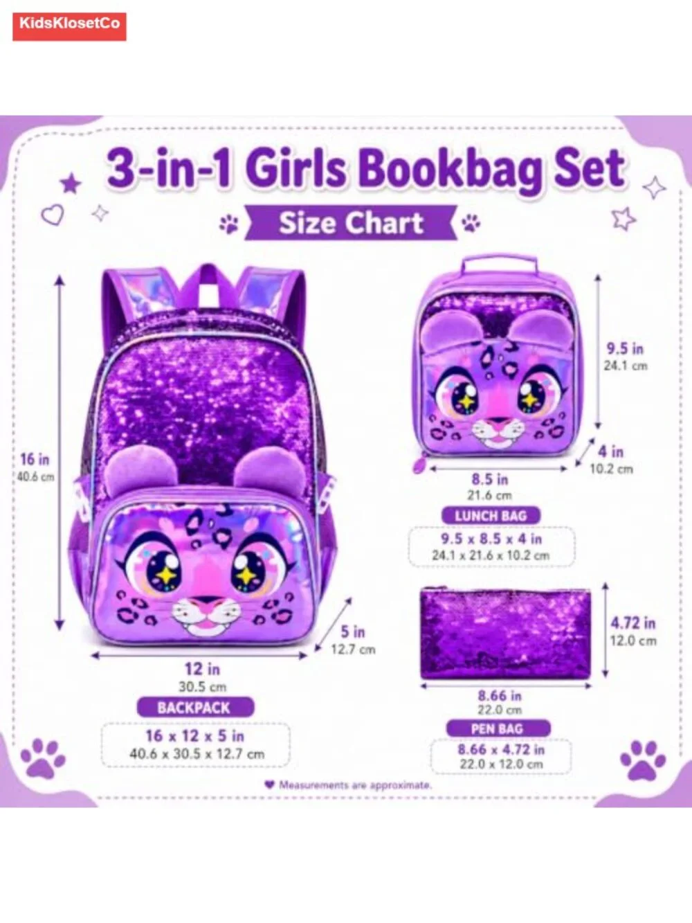 Water Resistant Kids Backpack Set with Lunch Bag and Pencil Bag, Reversible